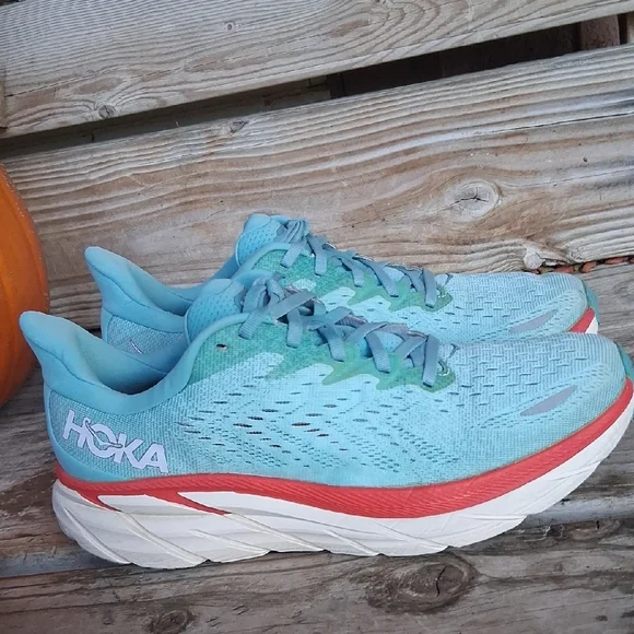 Hoka Clifton 7 Women's Teal and Coral Athletic Shoes - Picture 1 of 15
